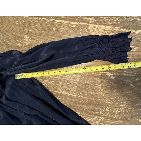 Nikki Chasin Small Sonnet Dress Ruffle Collar Cuff Eyelet Button Maxi Silky Navy - Picture 6 of 15